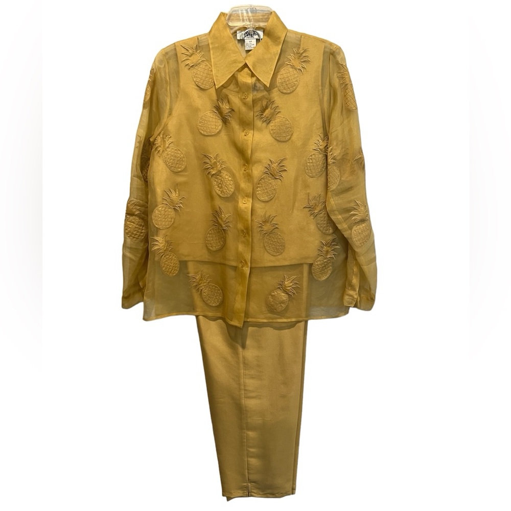 Silk 3 Piece Pants Outfit Sheer Blouse Pants Tank Top Mustard Yellow Embroidered